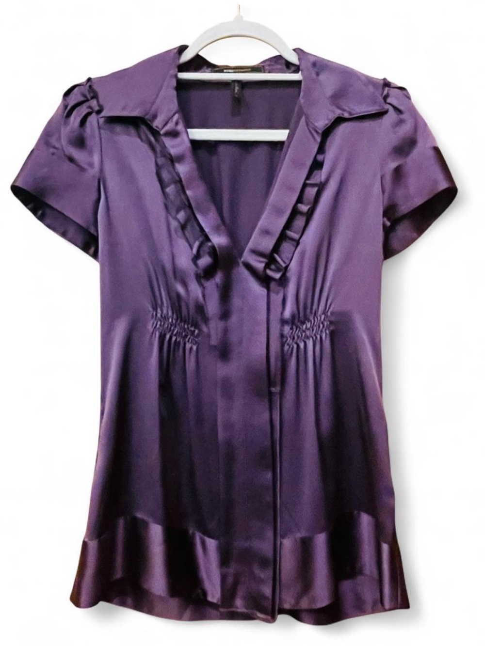 Purple Satin Short-Sleeve Blouse - Elegant Ruffled V-Neck